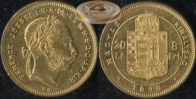 Венгрия (Австро-Венгрия). 8 форинтов. 1874 (XF+. Золото)