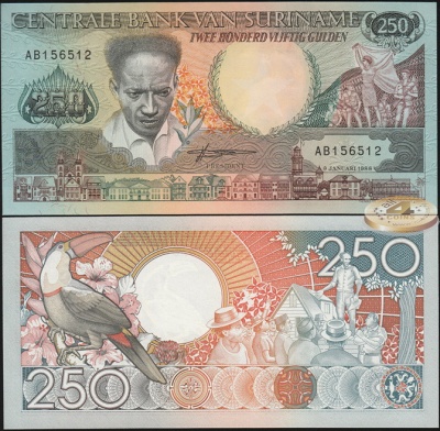 Суринам. Банкнота 250 гульденов. 09.01.1988. Unc. Бумага. Кат.# P.134a
