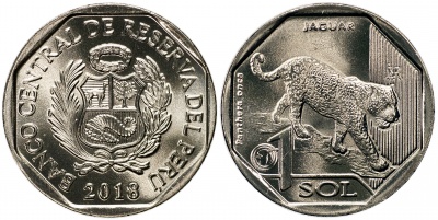 Перу. Монета 1 соль. 2018 (KM#NL. Unc) Ягуар (Panthera onca)