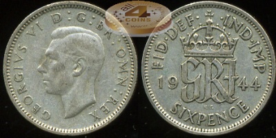 Великобритания. 6 пенсов. 1944 (VF. Серебро)