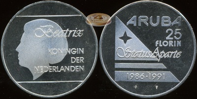 Аруба. 25 флоринов. 1991 (Proof-. Серебро)