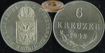 Австрийская империя. 6 крейцеров. 1848A (Unc. Серебро)