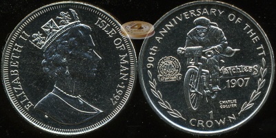 Остров Мэн. 1 крона. 1997 (Unc) 90 лет ТТ