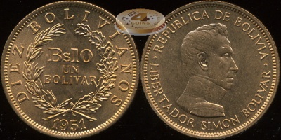 Боливия. 10 боливиано /1 боливар/. 1951 (Unc)