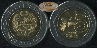 Перу. 5 новых солей. 2008 (Unc. Биметалл)