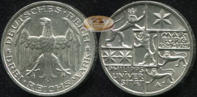 Германия [Веймарская респ.]. 3 рейхсмарки. 1927.A (aUnc++. Серебро)