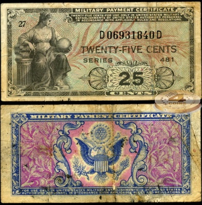 США (армейский сертификат). 25 центов (VF) 1951
