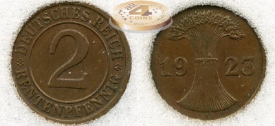 Германия (Веймарская респ). 2 рентенпфеннига. 1923 A (Unc [MS-63
