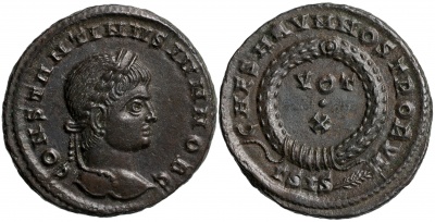 Римская империя. Константин II [как цезарь]. Фоллис. aUnc/XF бронза. 321-324 Сисция