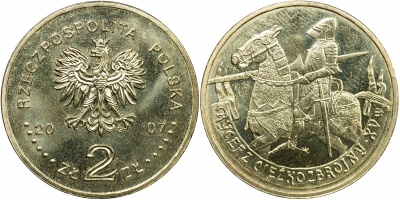Польша. Монета 2 злотых. 2007 (KM#Y.611. Unc) Конный рыцарь. XV век