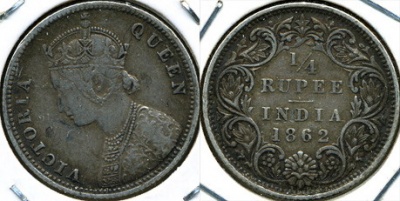 Британская Индия. 1/4 рупии. 1862 (XF. Серебро)