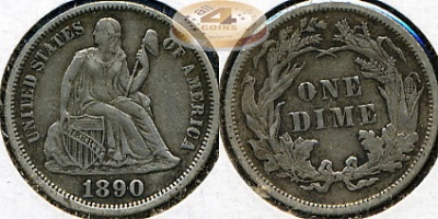 США. 10 центов (Дайм). 1890 (XF40. Серебро)