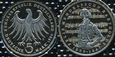 Германия (ФРГ). 5 марок. 1984 J (Proof)
