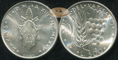 Ватикан. 500 лир. 1975 (Unc. Серебро)