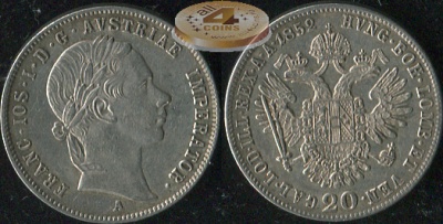 Австрийская империя. 20 крейцеров. 1852.A (aUnc++. Серебро)