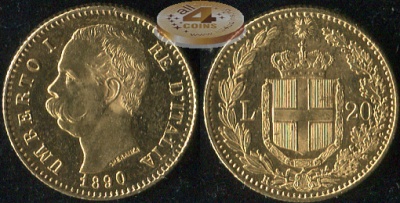 Италия. 20 лир. 1890.R (Unc. Золото)