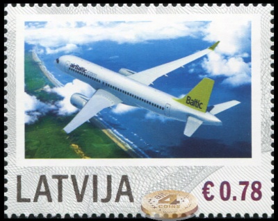 Латвия. 2014. Авиация. AirBaltic - Bombardier Cseries 300 (Почтовая марка. MNH OG)