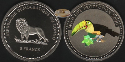 Конго, Д.р. 5 франков. 2000 (Proof. Цветная голограмма)