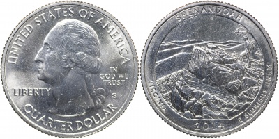 США. Монета 25 центов [Квотер]. 2014.S (KM#567. Unc) Shenandoah [Virginia]