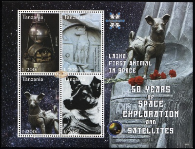 Танзания. 2009. Собака-космонавт Лайка - первое животное в космосе (Малый лист. MNH OG)