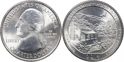 США. Монета 25 центов [Квотер]. 2014.D (KM#566. Unc) Great Smoky Mountains [Tennessee]