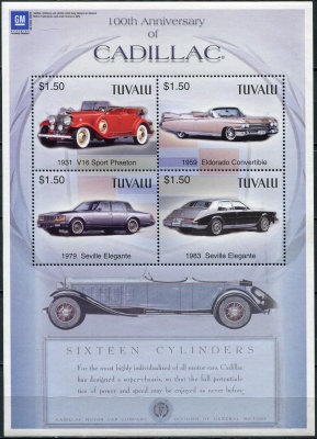 Тувалу. 2003. 100-летие автомобилей Cadillac General Motors (Малый лист. MNH OG)