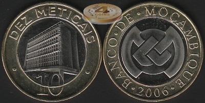 Мозамбик. 10 метикалей. 2006 (Unc. Биметалл)