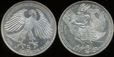 Германия [ФРГ]. 5 марок. 1976.D (Unc. Серебро)