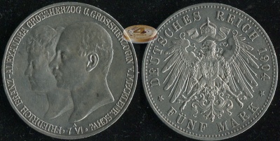 Германия (Мекленбург-Шверин). 5 марок. 1904 A (XF. Серебро)