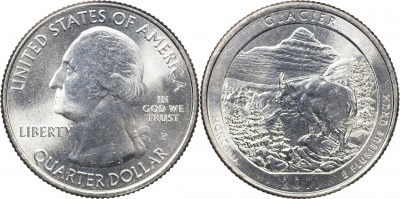 США. Монета 25 центов [Квотер]. 2011.P (KM#495. Unc) Glacier [Montana]