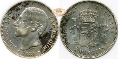 Испания. 5 песет. 1884 (XF-40. Серебро. слаб)