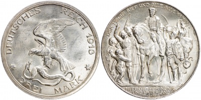 Германская имп. [Пруссия]. Монета 3 марки. 1913.A (KM#534. Unc. Серебро) Победа под Лейпцигом