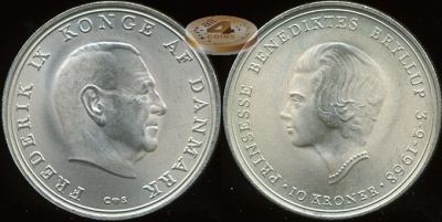 Дания. 10 крон. 1968 (Unc. Серебро)