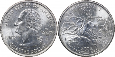 США. Монета 25 центов [Квотер]. 2002.D (KM#335. Unc) Миссисипи