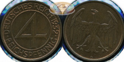 Германия (Веймар). 4 рейхспфеннига. 1932 (Unc. Редкая!)