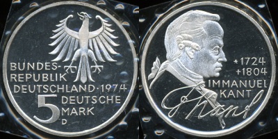 Германия (ФРГ). 5 марок. 1974 D (Proof) Серебро