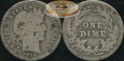 США. 10 центов (Дайм). 1914 (G/AG. Серебро)