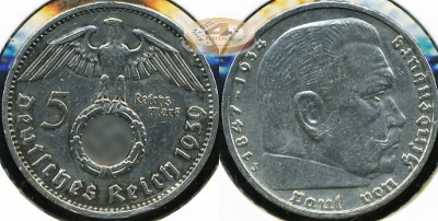 Германия (3й рейх). 5 марок. 1939 J (Unc. Серебро)