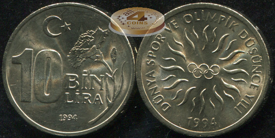 Турция. 10000 лир. 1994 (Unc) Олимпийские игры 1994 года