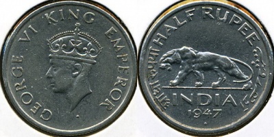 Британская Индия. 1/2 рупии. 1947 (aUnc)