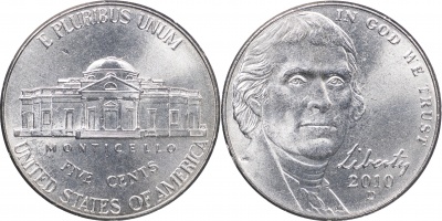 США. Монета 5 центов [Никель]. 2010.D (KM#381. Unc) Усовершенствованный Монтичелло