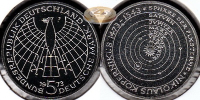 Германия (ФРГ). 5 марок. 1973 J (Proof. Серебро)