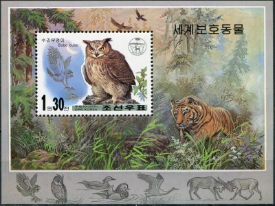 КНДР. 2001. Филин (Bubo bubo) (Блок. MNH OG)