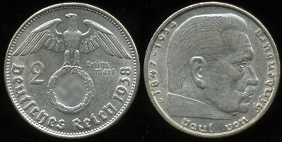 Германия (3й рейх). 2 марки. 1938 (aUnc. Серебро)