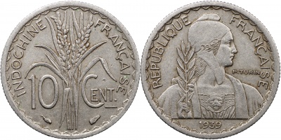 Французский Индокитай. Монета 10 сантимов. 1939 (KM#21.1. XF/aUnc)