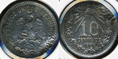 Мексика. 10 центаво. 1906 (Unc. Серебро / немного деформирована)
