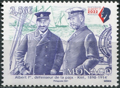 Монако. 2021. Регата в Киле 1914 года. Встреча Альберта с Вильгельмом II (Почтовая марка. MNH OG)