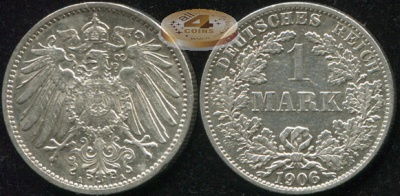 Германия [Кайзер Рейх]. Монета 1 марка. 1906.A (J.17 / KM#14. aUnc. Серебро)