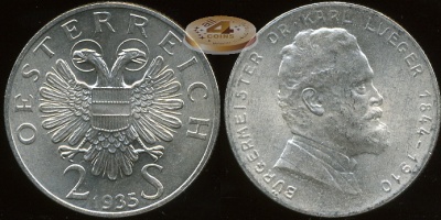 Австрия. 2 шиллинга. 1935 (Unc. Серебро)
