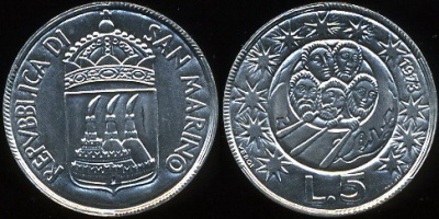 Сан-Марино. 5 лир. 1973 (Unc)